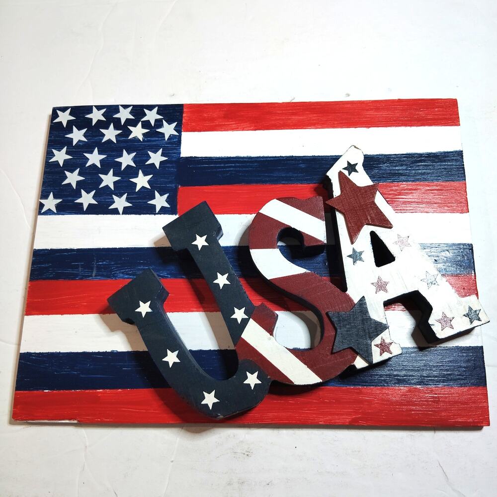 Handmade Rustic Wood USA Flag Plaque Patriotic Wall Decor 13.5x10.25